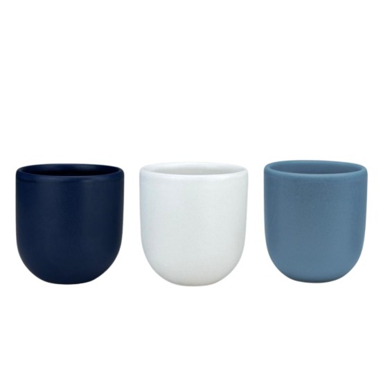 Set 3 cesti cafea ceramica, 250ml,  pahare Novum Trio Fjord, indigo-alb-albastru deschis mat, gresie glazurata manual
