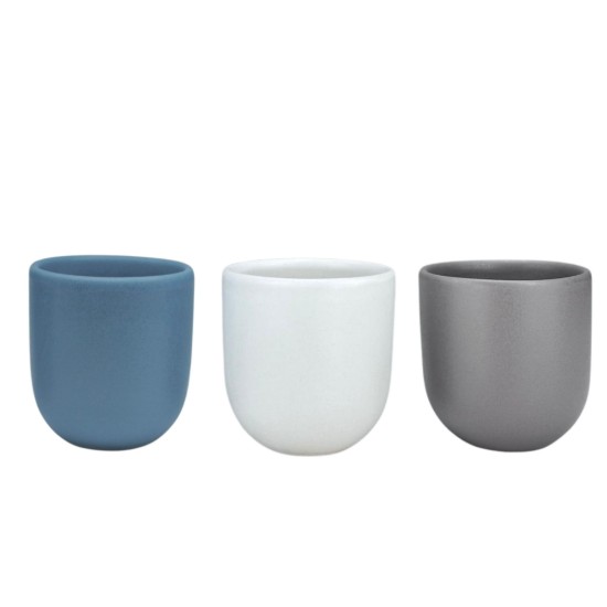 Set 3 cesti cafea ceramica, 250ml, pahare Novum Trio Niumbus, albastru deschis-alb-gri mat, gresie glazurata manual
