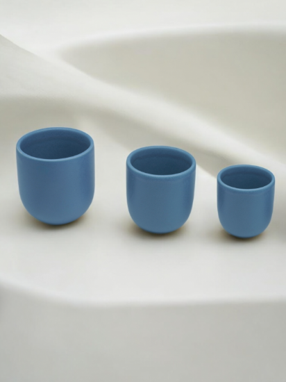 Set 3 cesti cafea ceramica, (250ml, 150ml, 80ml), pahare Novum Velaris Blue Moon, albastru deschis mat, gresie glazurata manual