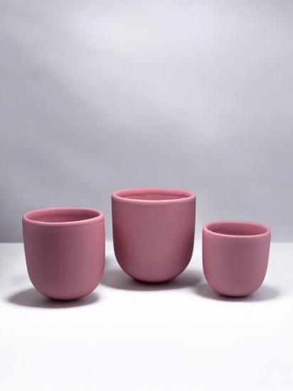 Set 3 cesti cafea ceramica (250ml, 150ml, 80ml), pahare Novum Velaris Pink Forever Mom, roz pudrat mat, gresie glazurata manual