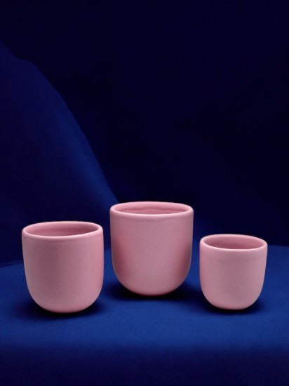 Set 3 cesti cafea ceramica (250ml, 150ml, 80ml), pahare Novum Velaris Pink Forever Mom, roz pudrat mat, gresie glazurata manual