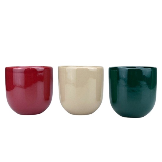 Set 3 cesti cafea ceramica, 250ml, pahare Novum Velmora, rosu-verde-bej nisipiu lucios, gresie glazurata manual