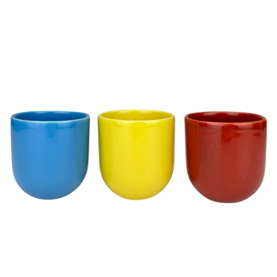 Set 3 cesti cafea ceramica, 250ml, pahare Novum Tricolor, rosu-galben-albastru lucios, gresie glazurata manual