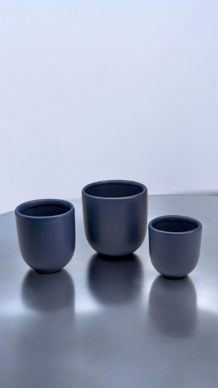 Set 3 cesti cafea ceramica (250ml, 150ml, 80ml), pahare Novum Velaris, indigo mat, gresie glazurata manual