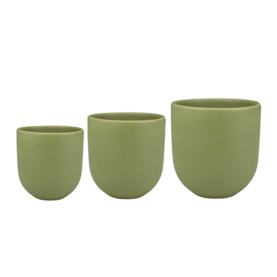 Set 3 cesti cafea ceramica, (250ml, 150ml, 80ml), pahare Novum Olive, verde olive mat, gresie glazurata manual