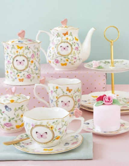 Set 2 cesti cafea cu farfurioara, portelan, 120ml, "Dancing Butterflies" - Easy Life