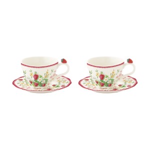 Set 2 cesti cafea cu farfurioara, portelan, 120ml, "Jardin des Fraises" - Easy Life