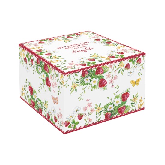 Set 2 cesti cafea cu farfurioara, portelan, 120ml, "Jardin des Fraises" - Easy Life