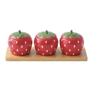 Set 3 boluri aperitive, forma capsuna, din portelan, cu tava din bambus, "Jardin des Fraises" - Easy Life