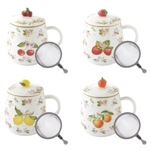 Cana cu capac si infuzor metalic, portelan, model embosat, 450ml, "Fancy Fruit" - Easy Life