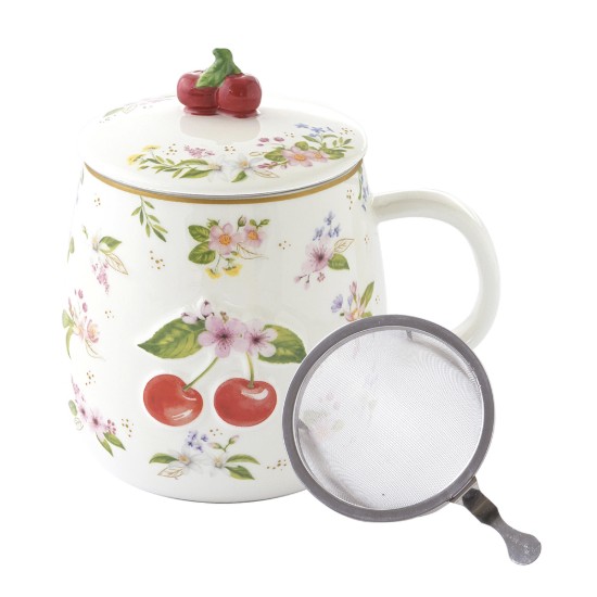 Cana cu capac si infuzor metalic, portelan, model embosat, 450ml, "Fancy Fruit" - Easy Life