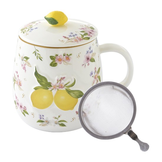 Cana cu capac si infuzor metalic, portelan, model embosat, 450ml, "Fancy Fruit" - Easy Life