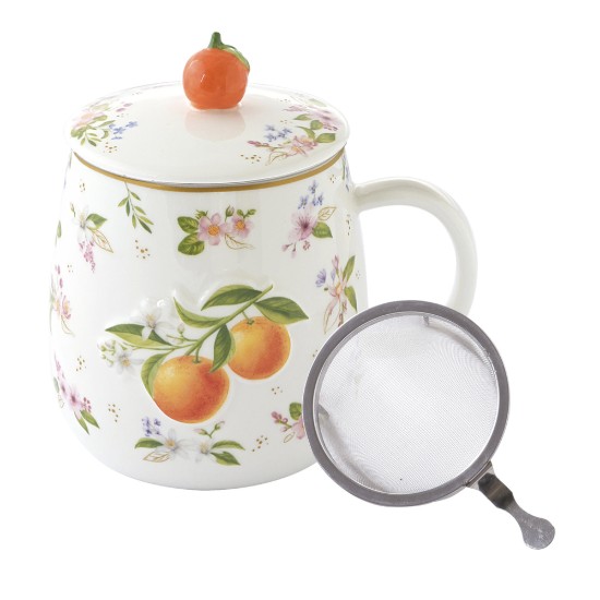 Cana cu capac si infuzor metalic, portelan, model embosat, 450ml, "Fancy Fruit" - Easy Life