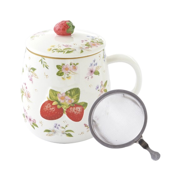 Cana cu capac si infuzor metalic, portelan, model embosat, 450ml, "Fancy Fruit" - Easy Life