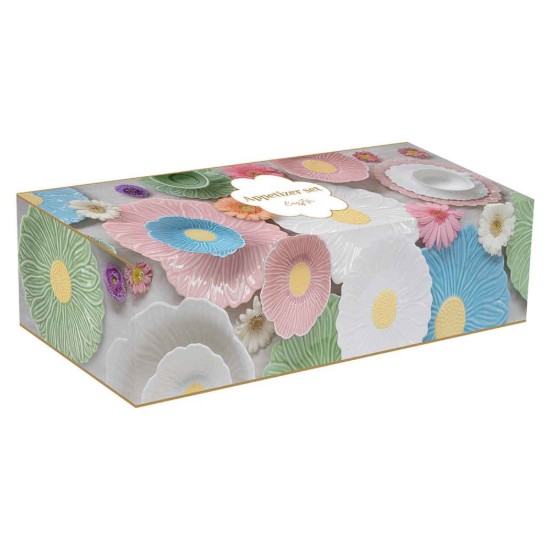 Set 3 boluri aperitive, din portelan, cu tava din bambus, "Daisy" - Easy Life