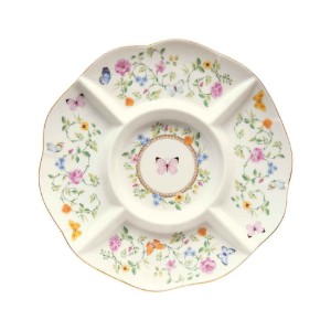 Platou servire aperitive, cu 5 compartimente, portelan, 25,5 cm, "Dancing Butterflies" - Easy Life