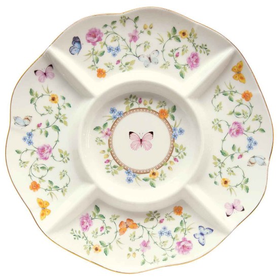 Platou servire aperitive, cu 5 compartimente, portelan, 25,5 cm, "Dancing Butterflies" - Easy Life
