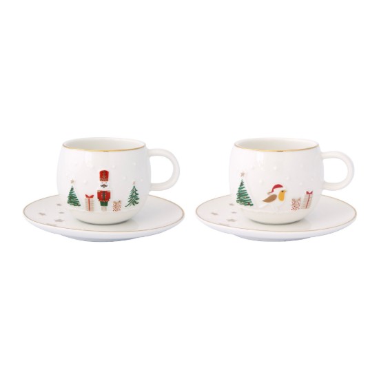 Set 2 cesti cafea cu farfurioara, portelan, 120ml, "Let it Snow" - Easy Life