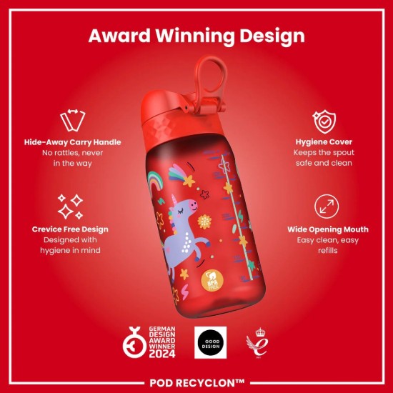 Sticla apa pentru copii, recyclon, 350ml, Red Unicorns - Ion8