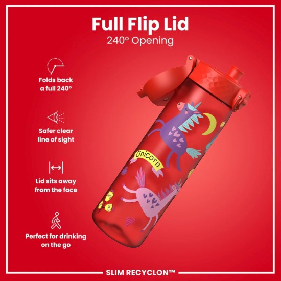 Sticla apa pentru copii Slim, recyclon, 500ml, Red Unicorns - Ion8