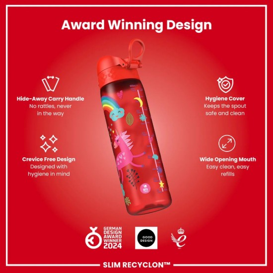 Sticla apa pentru copii Slim, recyclon, 500ml, Red Unicorns - Ion8