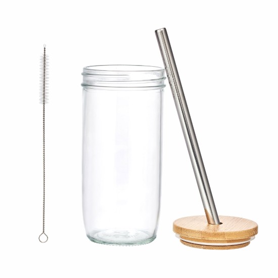 Pahar pentru bubble tea, cu capac si pai, sticla, 650ml - La Cafetiere