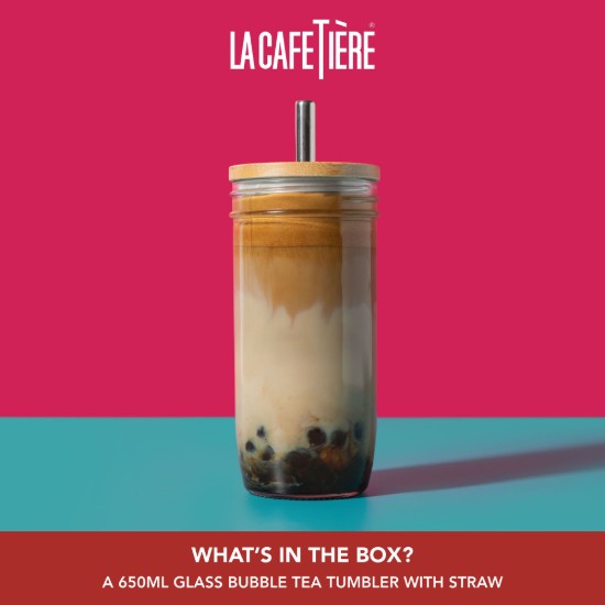 Pahar pentru bubble tea, cu capac si pai, sticla, 650ml - La Cafetiere