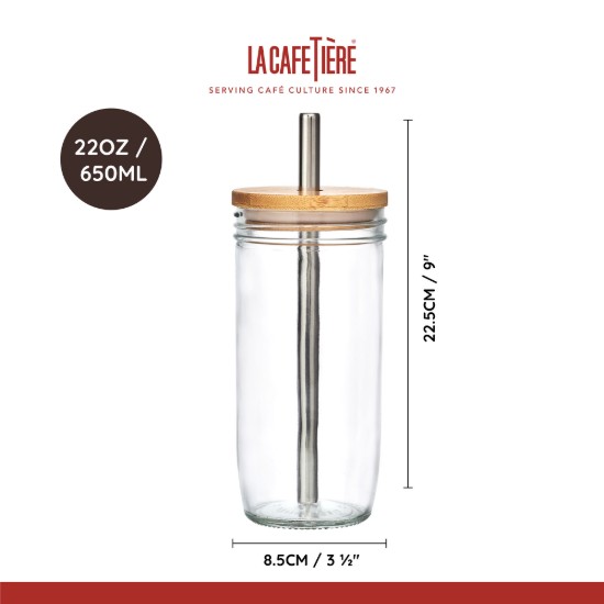 Pahar pentru bubble tea, cu capac si pai, sticla, 650ml - La Cafetiere