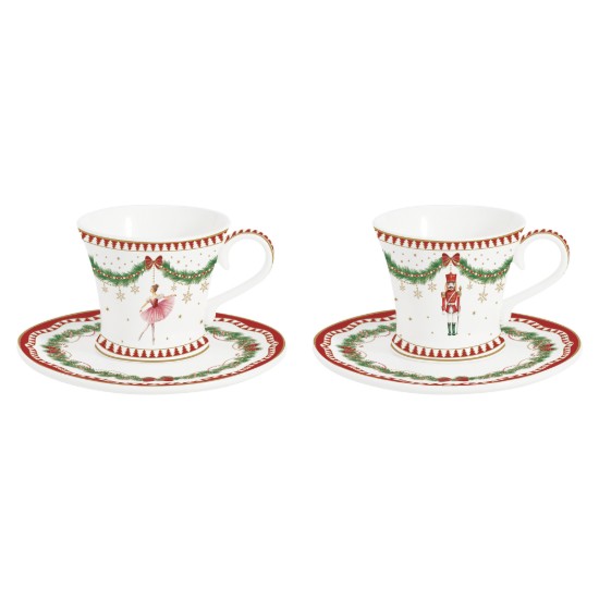 Set 2 cesti cu farfurioara, portelan, 80ml, "Magie de Noel" - Easy Life