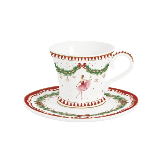 Set 2 cesti cu farfurioara, portelan, 80ml, "Magie de Noel" - Easy Life