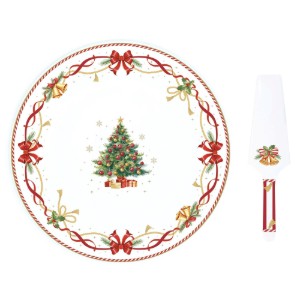 Set platou si paleta tort, portelan, 32cm, "Christmas Tale" - Easy Life