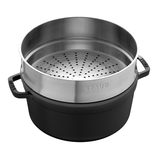 Oala Cocotte fonta, cu accesoriu pentru gatit la abur, 26cm/5,2L, Black - Staub