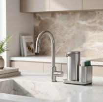 Dozator cu senzor si suport pentru burete, 266 ml, inox, Brushed - simplehuman