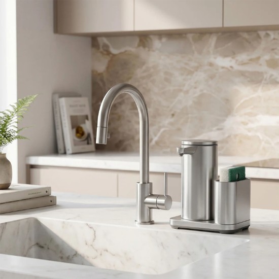 Dozator cu senzor si suport pentru burete, 266 ml, inox, Brushed - simplehuman