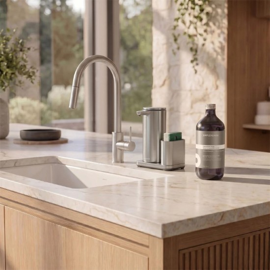 Dozator cu senzor si suport pentru burete, 266 ml, inox, Brushed - simplehuman