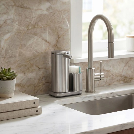 Dozator cu senzor si suport pentru burete, 266 ml, inox, Brushed - simplehuman