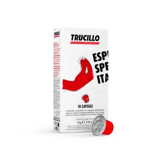 CAFEA TRUCILLO, EXPRESSO SPEAKS ITALIAN, 10 capsule din aluminiu, compatibile cu aparatele NESPRESSO®, 55 g ℮